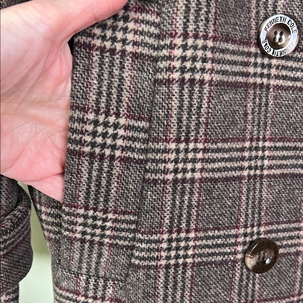 NWT Kenneth Cole Brown Checkered Pea Coat Plaid Double Breasted Wool Blend Large - Picture 5 of 9